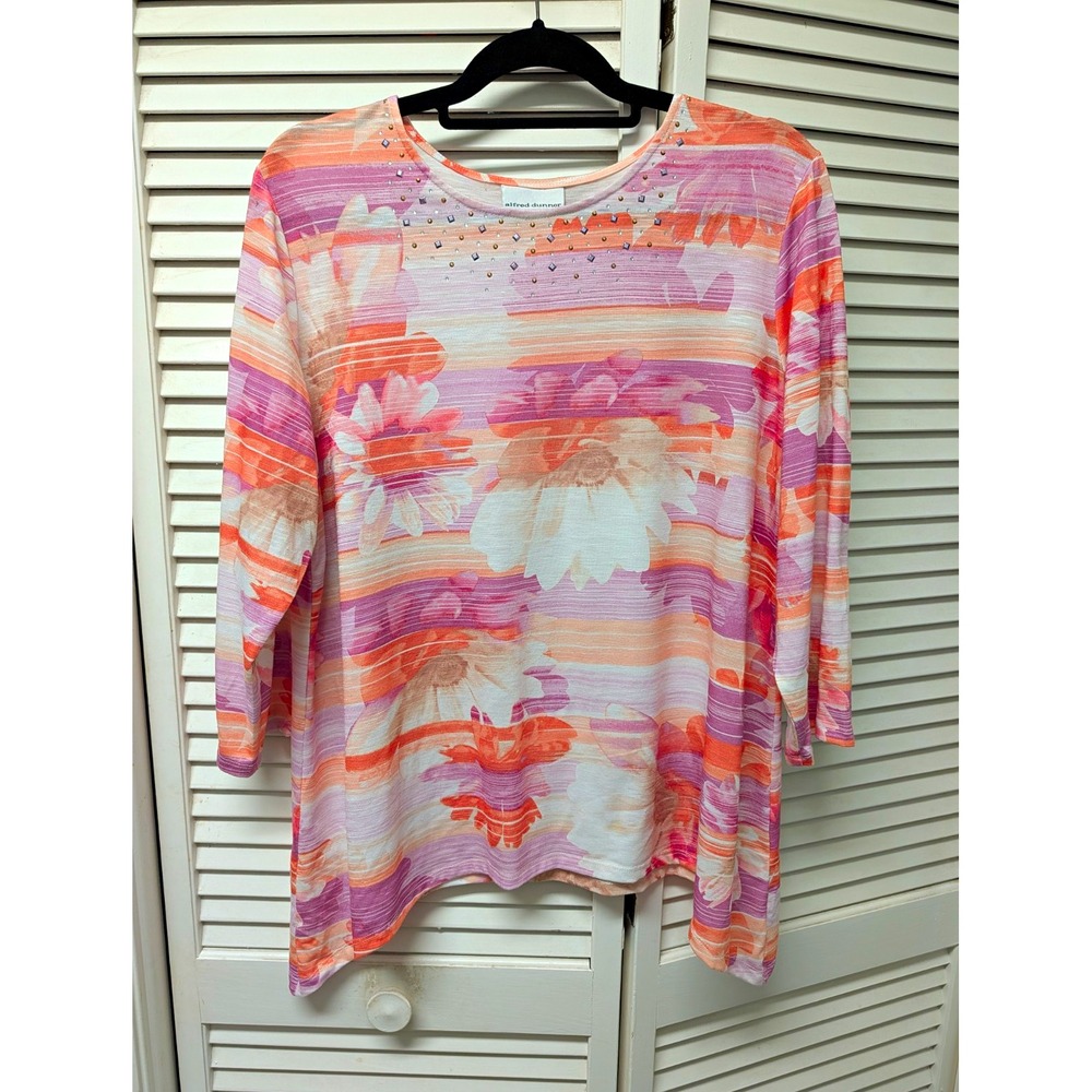 Alfred Dunner Women's L Multicolor Floral Rhinestone 3/4 Sleeve Knit Top